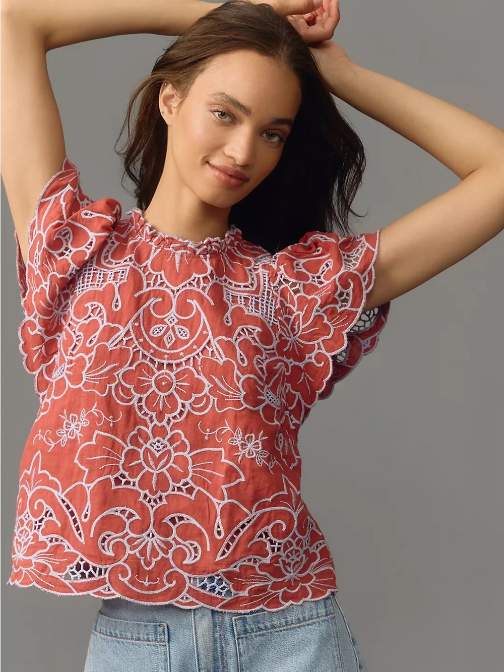 Anthropologie Lainie High-Neck Lace Cutwork Blouse Red Rust Size M